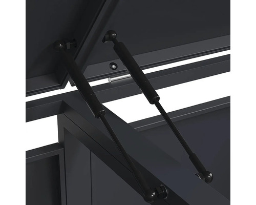 Zwei schwarze Gasdruckfedern stützen den geöffneten Deckel einer Metall-Aufbewahrungsbox.