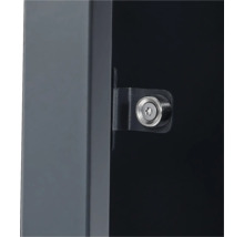 Magnetverschluss mit Winkelhalterung und Torx-Schraube an einem grauen Metallrahmen.