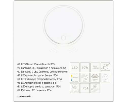 LED-Sensor-Deckenleuchte IP54, 10 Watt, 1800 Lumen, 4000 Kelvin, Sensorreichweite 10 Meter, Erfassungswinkel 120 Grad, nicht dimmbar.
