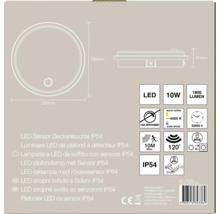 LED-Sensor-Deckenleuchte IP54, 250 Millimeter Durchmesser, 10 Watt, 1800 Lumen, 4000 Kelvin, Erfassungswinkel 120 Grad, Reichweite 10 Meter.