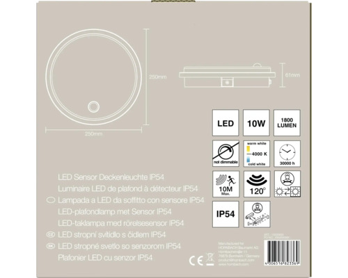 LED-Sensor-Deckenleuchte IP54, 250 Millimeter Durchmesser, 10 Watt, 1800 Lumen, 4000 Kelvin, Erfassungswinkel 120 Grad, Reichweite 10 Meter.