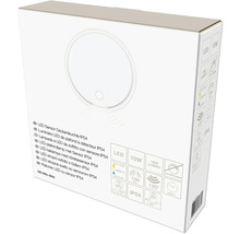 Verpackung einer weißen runden LED-Sensor-Deckenleuchte IP54, 10 Watt, 1800 Lumen, 4000 Kelvin, nicht dimmbar, 120 Grad Erfassungswinkel.