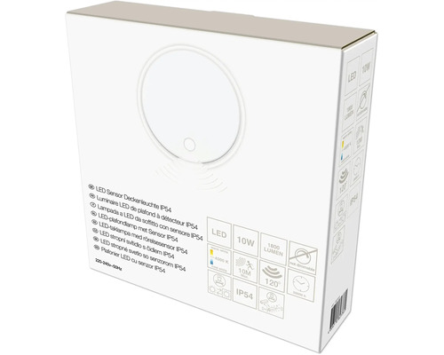 Verpackung einer weißen runden LED-Sensor-Deckenleuchte IP54, 10 Watt, 1800 Lumen, 4000 Kelvin, nicht dimmbar, 120 Grad Erfassungswinkel.