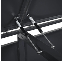 Zwei Gasdruckfedern an einer Aufbewahrungsbox aus Metall zur Unterstützung des Deckels.