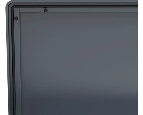 Nahaufnahme einer anthrazitfarbenen Metallrahmenecke mit schwarzer Gummidichtung und Schraubabdeckungen.