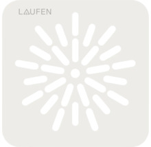 Laufen Logo auf einer quadratischen Ablaufabdeckung mit strahlenförmig angeordneten, länglichen Lochungen.