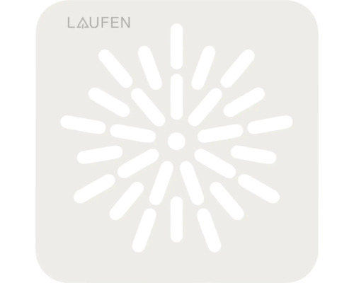 Laufen Logo auf einer quadratischen Ablaufabdeckung mit strahlenförmig angeordneten, länglichen Lochungen.