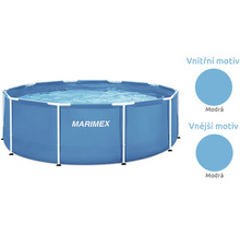 Runder Marimex Rahmenpool mit blauem Innen- und Außenmotiv sowie weißem Metallrahmen.