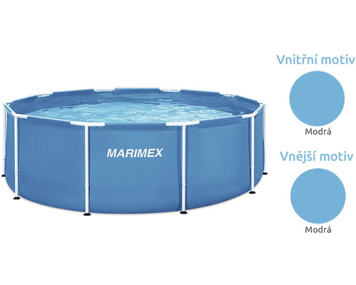 Runder Marimex Rahmenpool mit blauem Innen- und Außenmotiv sowie weißem Metallrahmen.