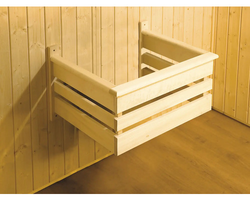 Ofenschutzgitter für Saunaofen aus Holz zur Wandmontage, dreiseitig.