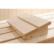 Ergonomische Kopfstütze aus hellem Holz für die Sauna.