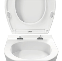 Weißer Toilettensitz mit Quick-Release-Funktion und verchromten Befestigungsbolzen auf einer weißen Toilettenschüssel.