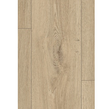 Laminatboden in Eichenoptik mit Landhausdielen-Struktur, sichtbarer Maserung und V-Fuge.