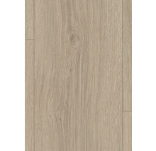 Laminatboden mit Eichenholzmaserung und sichtbarem Astloch.