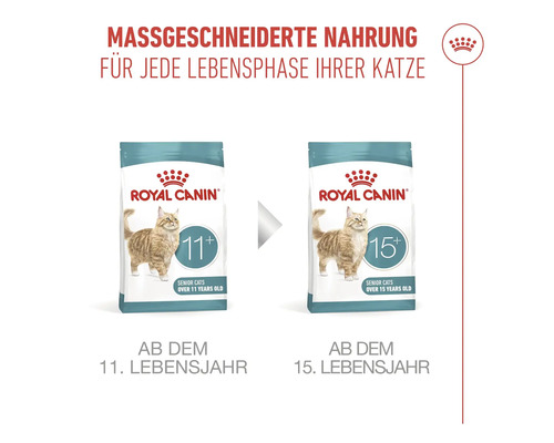 Royal Canin Katzenfutter für Senior-Katzen ab 11 und 15 Jahren, maßgeschneiderte Nahrung, Royal Canin Logo.