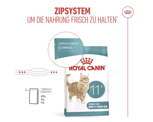 Royal Canin Katzenfutter für Senioren ab 11 Jahren mit wiederverschließbarem Zip-System zur Erhaltung der Frische.