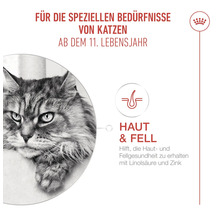 Infografik für Katzenfutter ab 11 Jahren zur Unterstützung von Haut und Fell mit Linolsäure und Zink, Royal Canin Logo.