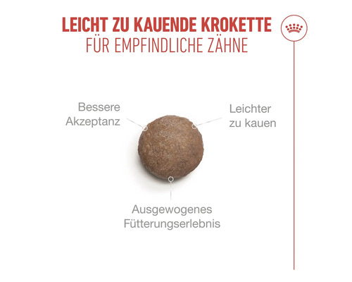 Leicht zu kauende Krokette für empfindliche Zähne, bessere Akzeptanz und ausgewogenes Fütterungserlebnis. Royal Canin Logo.