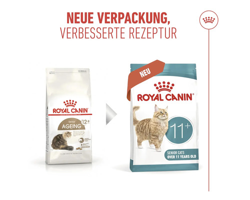 Royal Canin Katzenfutter für Senioren ab 11 Jahren in neuer Verpackung mit verbesserter Rezeptur.