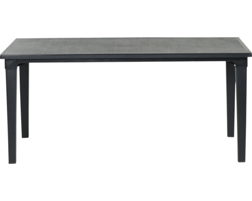 Rechteckiger Gartentisch aus anthrazitfarbenem Kunststoff mit einer Tischplatte in Lattenoptik.