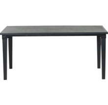 Rechteckiger Gartentisch aus Kunststoff mit Tischplatte in Holzoptik und vier Beinen.