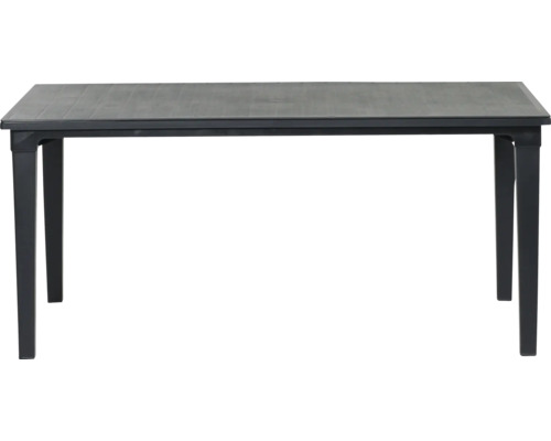 Rechteckiger Gartentisch aus Kunststoff mit Tischplatte in Holzoptik und vier Beinen.