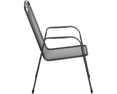 Gartenstuhl aus schwarzem Streckmetall mit Armlehnen.