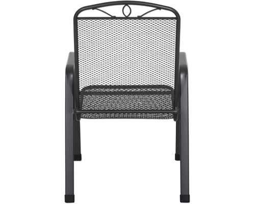 Stapelbarer Gartenstuhl aus Metall mit Armlehnen und Sitzfläche aus Streckmetall