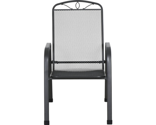 Stapelstuhl aus Metall mit hoher Rückenlehne aus Streckmetall und Armlehnen.