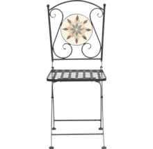 Klappbarer Gartenstuhl aus Metall mit runder Mosaik-Rückenlehne und Sternmuster.
