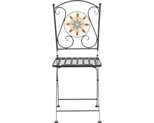 Klappbarer Gartenstuhl aus Metall mit runder Mosaik-Rückenlehne und Sternmuster.