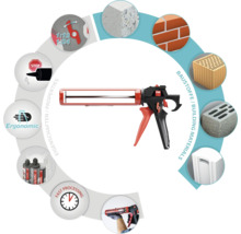 TOX Auspresspistole mit Symbolen für Eigenschaften wie verstellbare Übersetzung, Tropfstopp, Ergonomie und geeignete Baustoffe wie Beton und Ziegel.