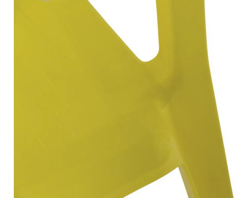 Nahaufnahme eines gelben Kunststoffstuhls mit glatter Oberfläche und sichtbarer Verbindung.