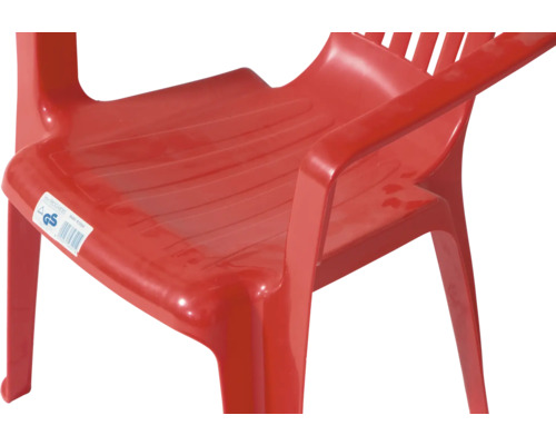 Roter Stapelstuhl für Kinder aus Kunststoff mit Armlehnen und Geprüfte Sicherheit Siegel.