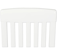 Weiße Stuhlrückenlehne mit vertikalen Streben.