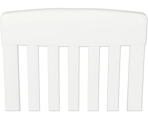 Weiße Stuhlrückenlehne mit vertikalen Streben.