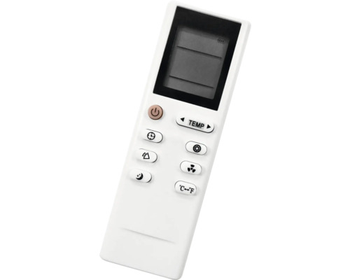Weiße Fernbedienung für Klimageräte mit Display, Temperaturwahl, Timer, Gebläsefunktion und Umschaltung zwischen Grad Celsius und Grad Fahrenheit.