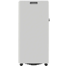Mobiles Klimagerät in hoher rechteckiger Form mit integriertem Griff und Rollen.