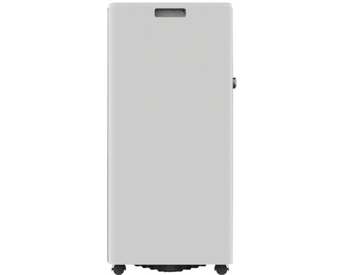 Mobiles Klimagerät in hoher rechteckiger Form mit integriertem Griff und Rollen.