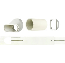 Fensterabdichtungsset für mobile Klimageräte mit Abluftschlauch, Adaptern und verstellbarer Fensterblende aus weißem Kunststoff.