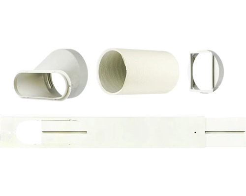 Fensterabdichtungsset für mobile Klimageräte mit Abluftschlauch, Adaptern und verstellbarer Fensterblende aus weißem Kunststoff.