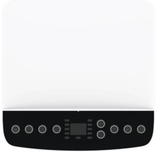 Bedienfeld eines Elektrogeräts mit Digitalanzeige und Tasten für Timer, Kindersicherung und Gebläsestufen.