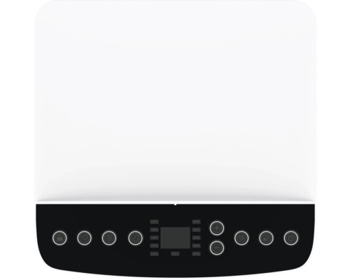 Bedienfeld eines Elektrogeräts mit Digitalanzeige und Tasten für Timer, Kindersicherung und Gebläsestufen.