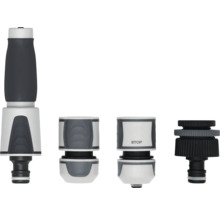 Gartenschlauch-Anschlussset bestehend aus Spritzdüse, Schlauchstück, Wasserstop und Hahnverbinder.