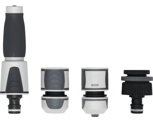 Gartenschlauch-Anschlussset bestehend aus Spritzdüse, Schlauchstück, Wasserstop und Hahnverbinder.