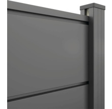 Nahaufnahme eines Sichtschutzzauns aus Aluminium mit Pfosten in Anthrazit.