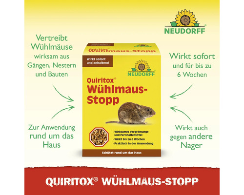 Neudorff Quiritox Wühlmaus-Stopp zur Vertreibung von Wühlmäusen aus Gängen und Nestern, wirkt sofort und bis zu sechs Wochen lang.