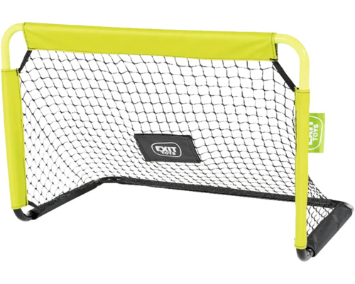 EXIT Toys Mini-Fußballtor mit gelbem Rahmen, schwarzem Netz und EXIT Toys Logo.