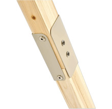 Metallischer Verbinder an zwei Holzbalken, mit Schrauben befestigt.