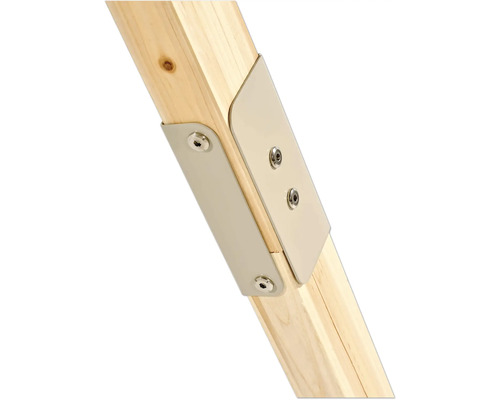 Metallbeschlag zur Verbindung von zwei Holzbalken mit Innensechskantschrauben.